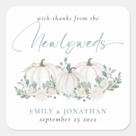 White Aquamarin Pumpkins Florals Dank von Newlywed Quadratischer Aufkleber