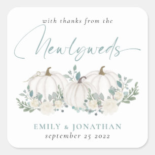 White Aquamarin Pumpkins Florals Dank von Newlywed Quadratischer Aufkleber