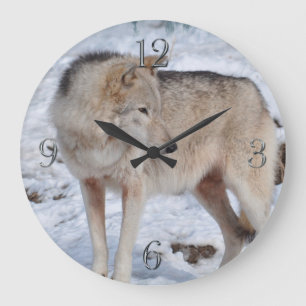 White Arctic Wolf and Snow Wildlife Art Clock Große Wanduhr