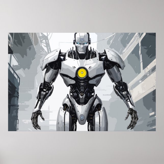 White Armored Cyborg Mecha Sci-Fi Comic Art Poster (Vorne)