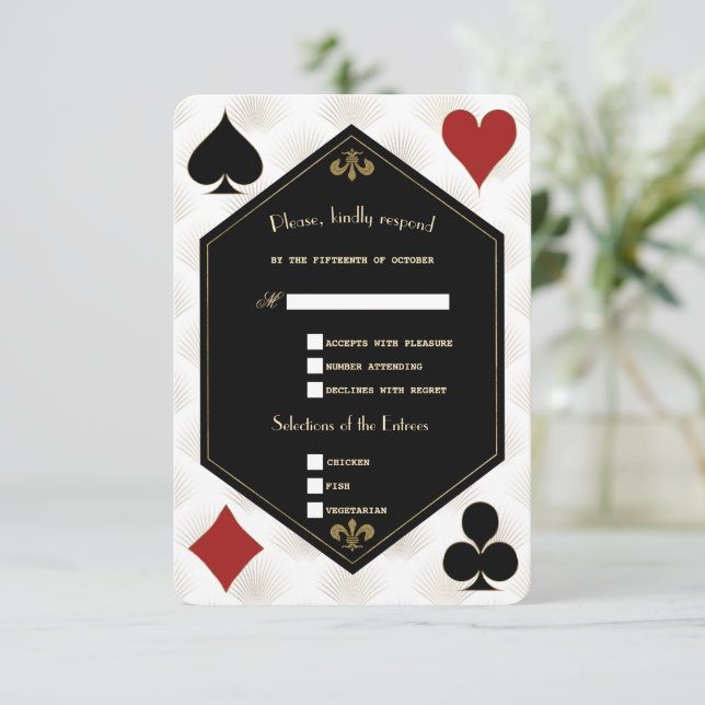 White Art Deco Gatsby Casino Vegas Poker Hochzeit RSVP Karte (Stehend Vorderseite)