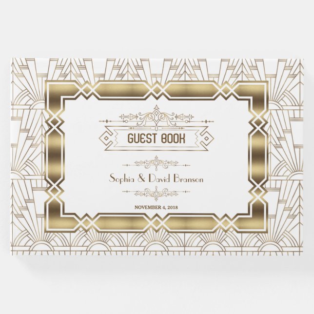 White Art Deco Great Gatsby 1920s Style Wedding Gästebuch (Vorderseite)