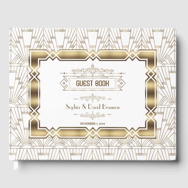 White Art Deco Great Gatsby 1920s Style Wedding Gästebuch (Vorderseite)