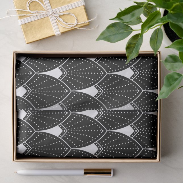 White Art Deco Muster auf schwarz Seidenpapier (Geschenk)