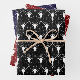 White Art Deco Pattern On Black Geschenkpapier Set