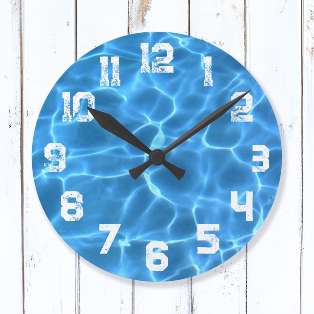 White Athletic Grunge Numbers Blue Pool Große Wanduhr (Swimming Team Wall Clock)