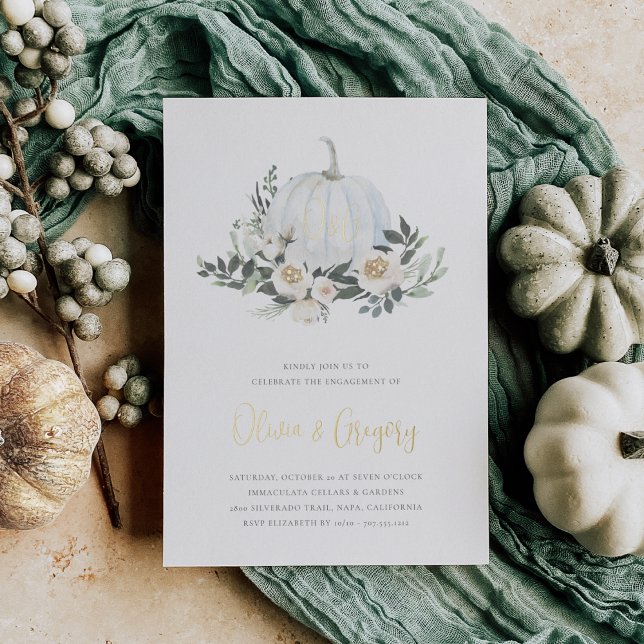 White Autumn Pumpkin Green Engagement Party Folieneinladung (Von Creator hochgeladen)