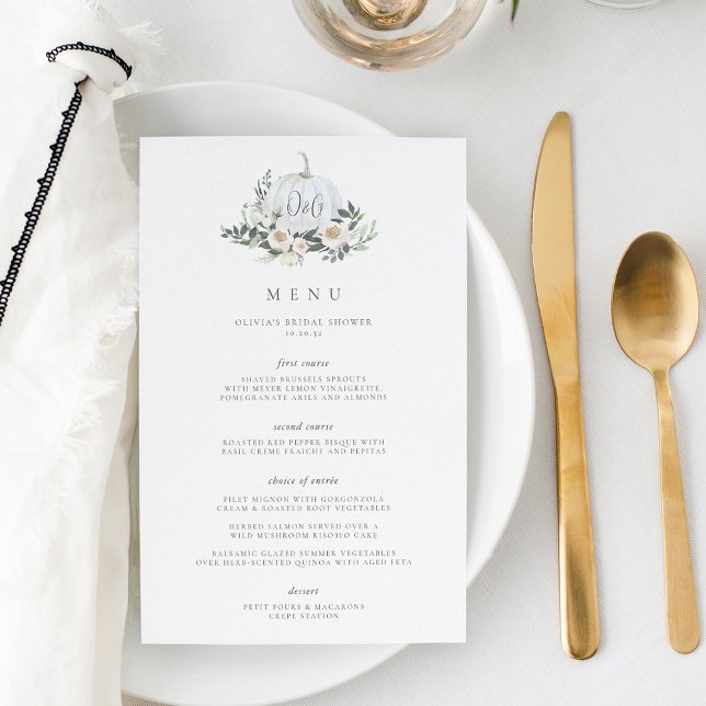 White Autumn Pumpkin Greenery Monogram Event Menu (Von Creator hochgeladen)