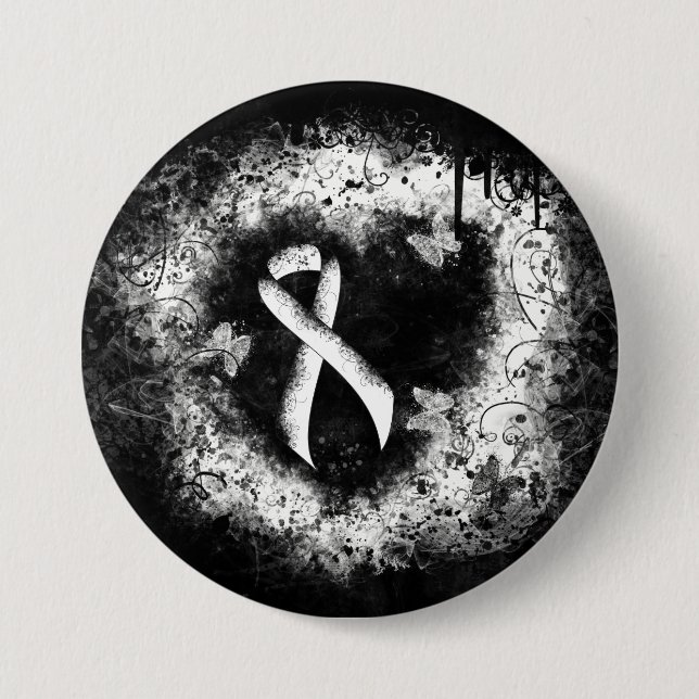 White Awareness Ribbon Grunge Herz Button (Vorderseite)