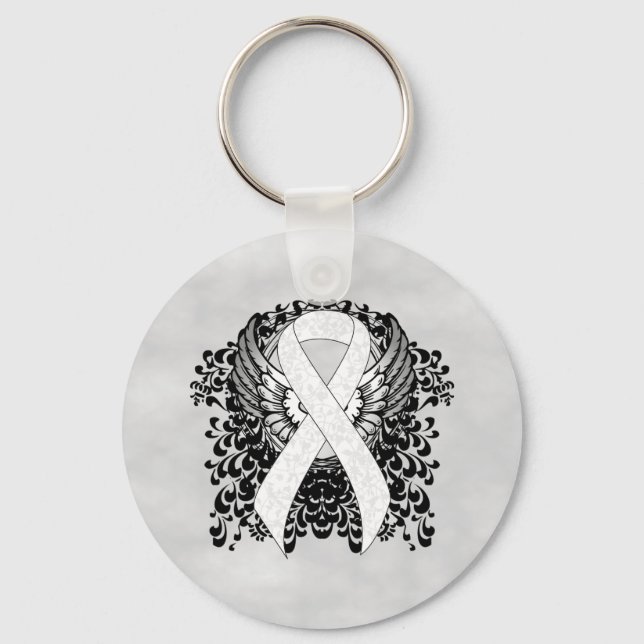 White Awareness Ribbon mit Flügeln Schlüsselanhänger (Vorderseite)
