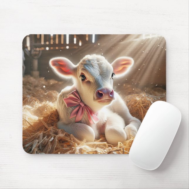 White Baby Calf im Stall Mousepad (Mit Mouse)