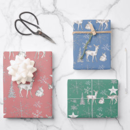 White Baby Doer Deer Silver Schneeflocken und Ster Geschenkpapier Set