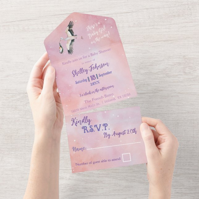 White Baby Girl on Way Stork Sunset Sky All In One Einladung (Abreißen)