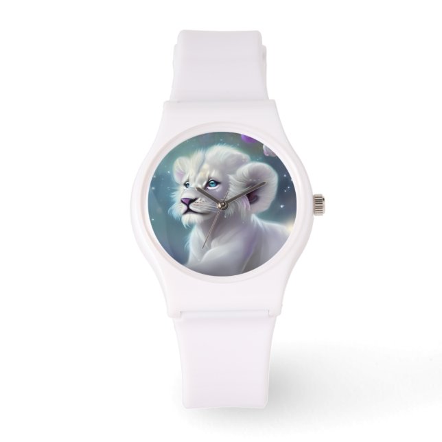 White Baby Lion Cub Fantasy Armbanduhr (Vorderseite)