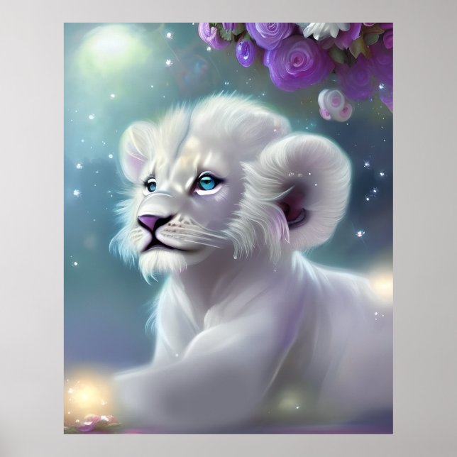 White Baby Lion Cub Fantasy Poster (Vorne)