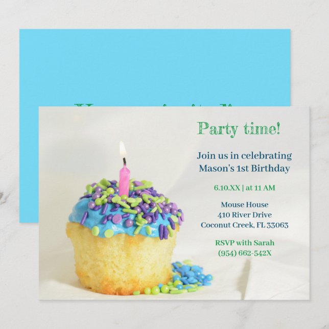 White Balloon blue cupcake Birthday Einladung (Vorne/Hinten)