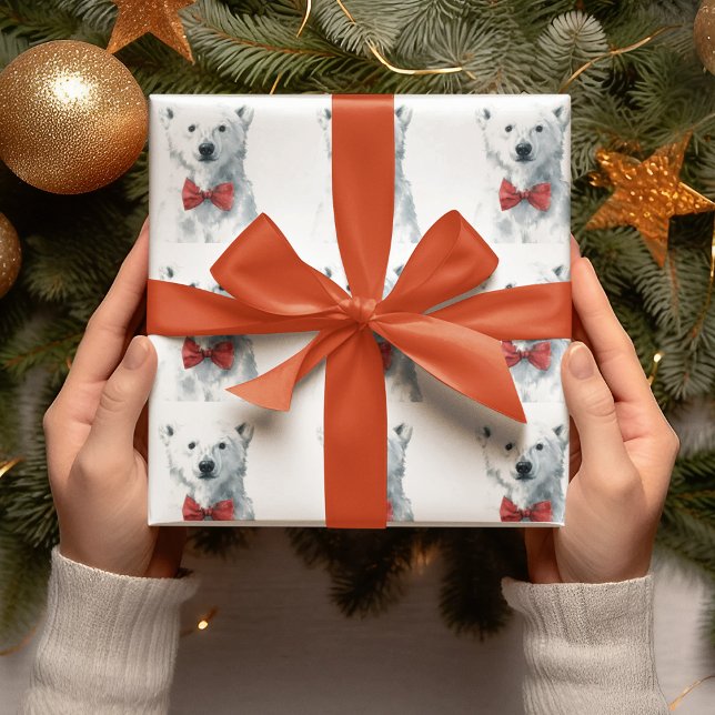 White Bear with Red Bow – Christmas Wrapping Paper Geschenkpapier (Von Creator hochgeladen)