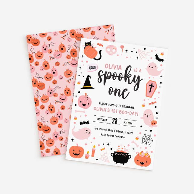 White BG Pink and Orange Halloween 1st Birthday In Einladung (White BG Pink and Orange Halloween 1st Birthday Invitation)