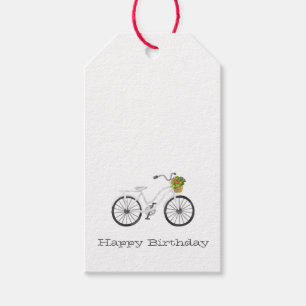 White Bicycle HAPPY BIRTHDAY Blume Basket Spaß Geschenkanhänger