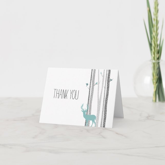 White Birch Trees with Deer and Birds Thank you Dankeskarte (Vorderseite)