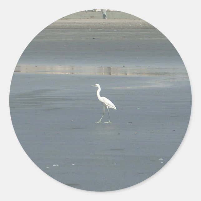 White Bird auf grauem Sand Beach Art Print Runder Aufkleber (Vorderseite)