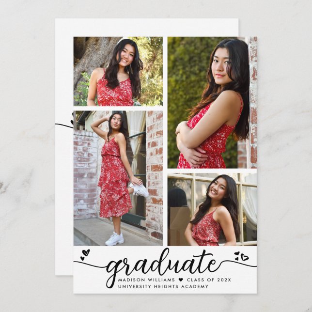 White Black Abschluss 4 Foto Kalligraphie Herz Ankündigung (Vorne/Hinten)