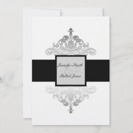 White Black and Silver Damask Einladung