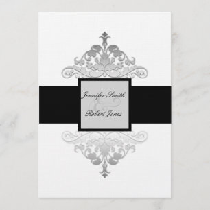 White Black and Silver Damask Einladung