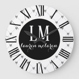 White & Black Bow Monogram Große Wanduhr