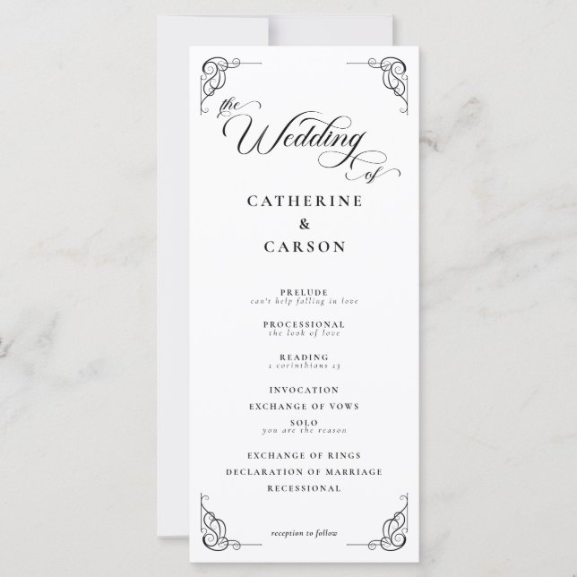 White & Black Calligraphy Script Hochzeitsprogramm (Vorderseite)