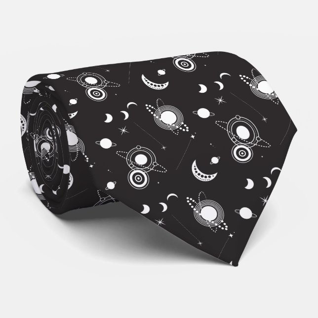 White black celestial sun moon galaxy pattern krawatte (Gerollt)