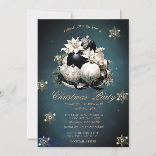 White Black Christmas Balls, Snowflakes Company Einladung (Vorderseite)
