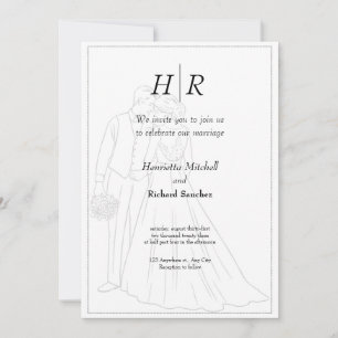 White Black Classic Monogram Elegant Clean Wedding Einladung