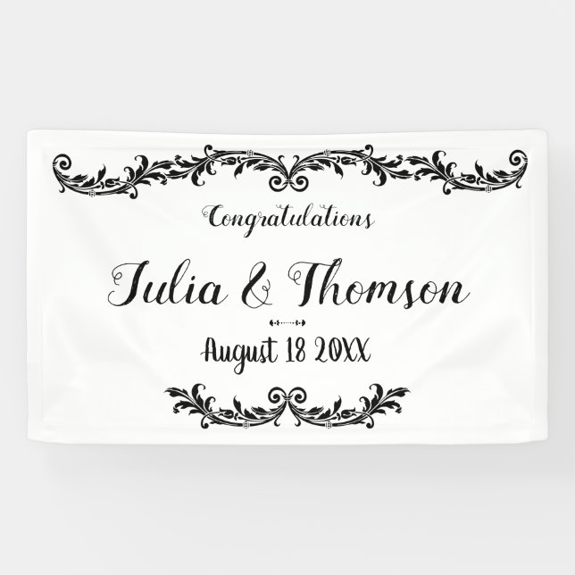 White Black Elegant Chic Damask Swirl Event Banner (Horizontal)