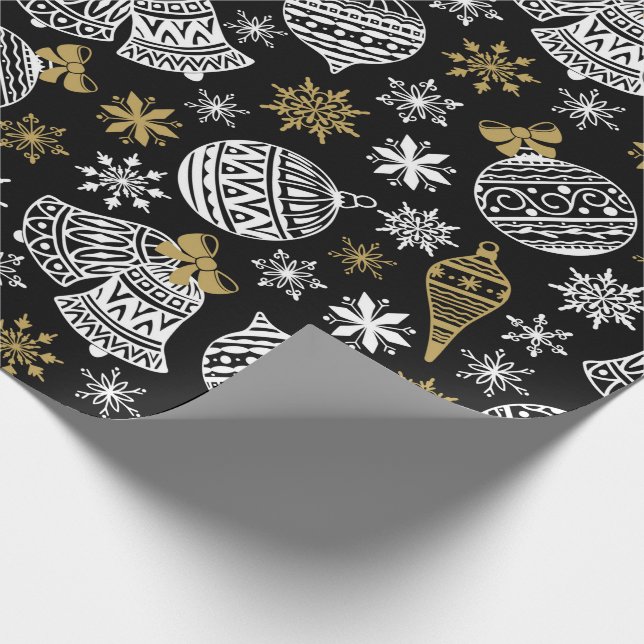 White Black Gold Bells Baubles Snowflags Geschenkpapier (Ecke)