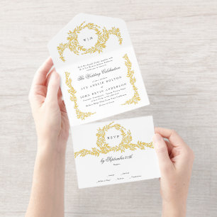 White Black Gold Botanical Classic Wreath Wedding All-in-One-Einladung