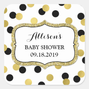 White Black Gold Confetti Baby Dusche Gefallen Tag Quadratischer Aufkleber