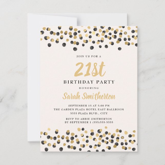 White Black Gold Confetti Glitzer 21. Geburtstag Einladung (Vorderseite)