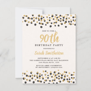 White Black Gold Confetti Glitzer 90. Geburtstag Einladung