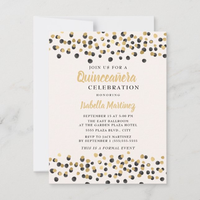 White Black Gold Confetti Glitzer Quinceanera Einladung (Vorderseite)