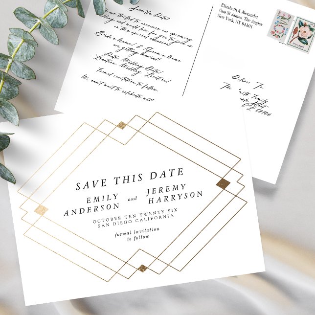 White Black Gold Deko Lines Save the Date Hochzeit Postkarte (Von Creator hochgeladen)