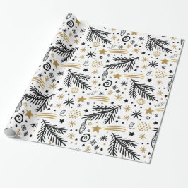 White Black Gold Doodle PINE und Sterne CHRISTMAS Geschenkpapier