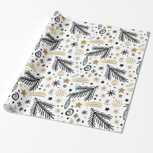 White Black Gold Doodle PINE und Sterne CHRISTMAS Geschenkpapier