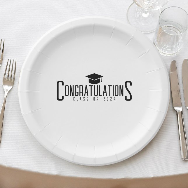 White & Black Gratulationen Klasse des Abschlusses Pappteller (White & Black Congratulations Class Of Graduation Paper Plates)