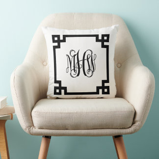 White Black Greece Key Vine Script Monogram DIY BG Kissen