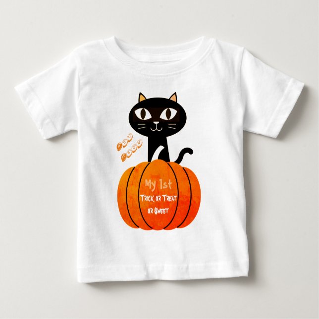 White Black Halloween Trick oder Treat Cat Pumpkin Baby T-shirt (Vorderseite)