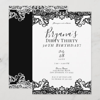 White & Black Lace Chic Dirty 30. Geburtstag Einladung
