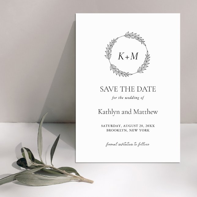 White Black Leaf Wreath Modern Monogram Wedding Save The Date (Von Creator hochgeladen)