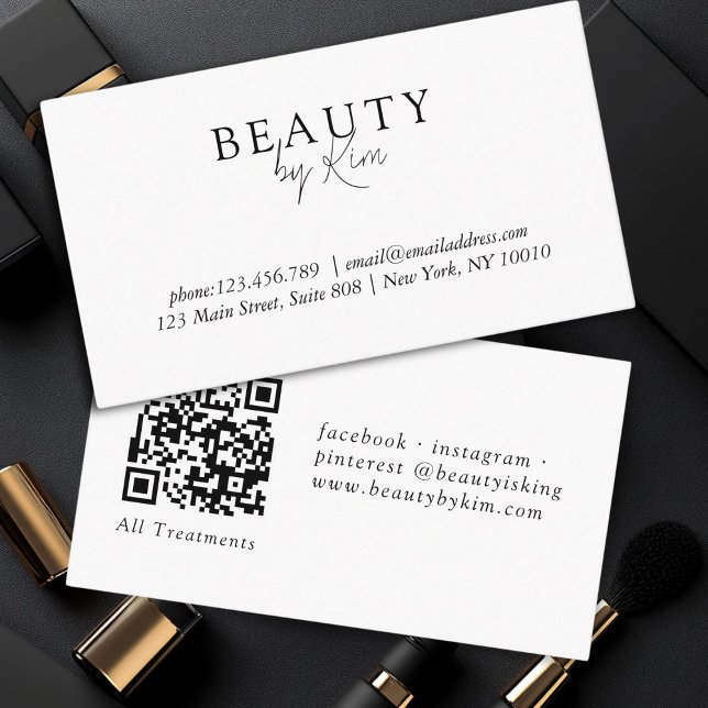 White & Black Minimal Elegant, Salon QR Code Visitenkarte (White & Black Minimal Elegant, Salon QR Code Business Card)