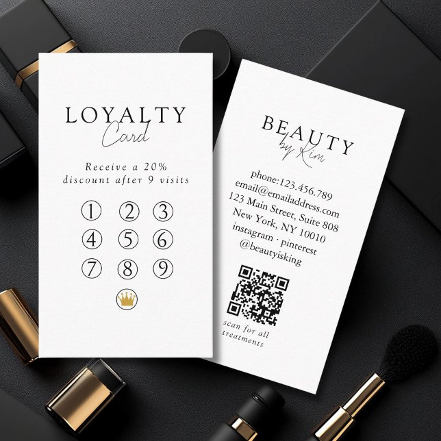  White & Black  Minimal Salon QR Code Loyalty Visitenkarte (Custom White & Black Minimal Salon QR Code Loyalty Business Card)